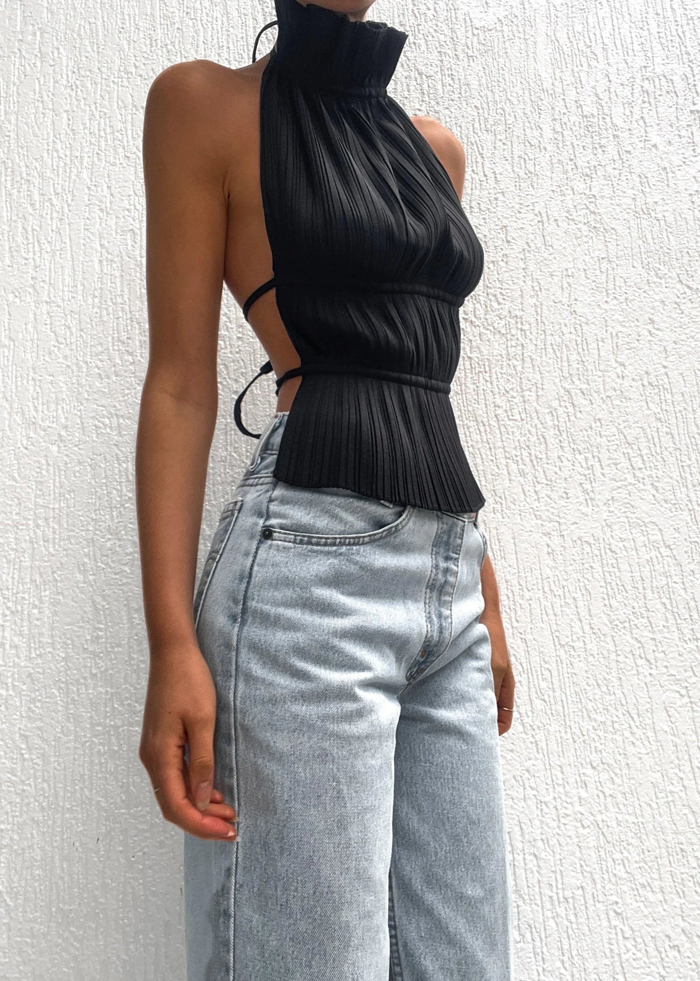 Pleated Halter Top with Open Back
