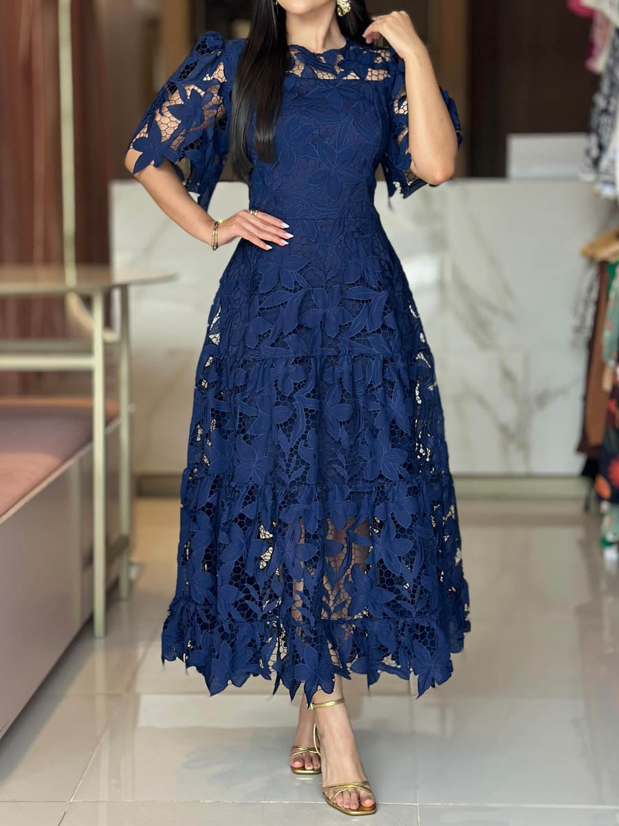 Floral Lace Midi Dress with Puff Sleeves