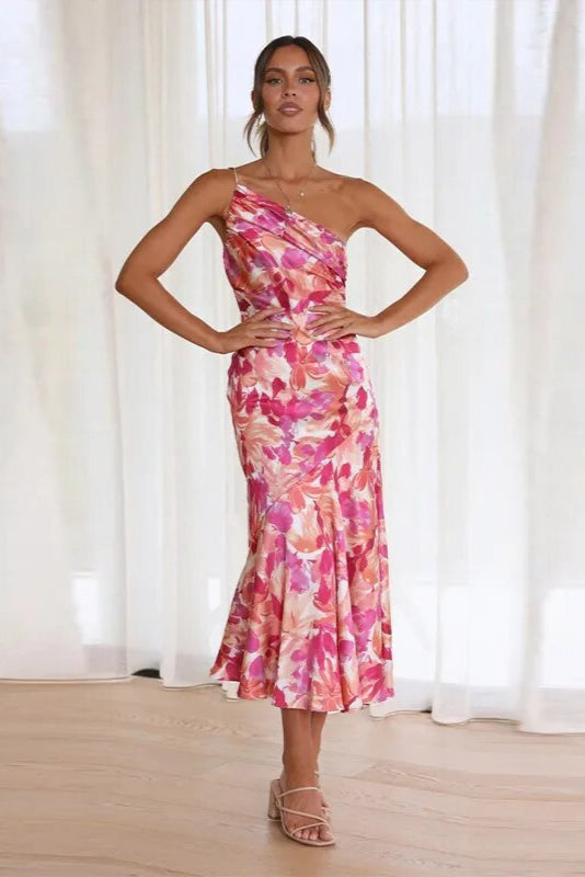 Floral One-Shoulder Midi Dress