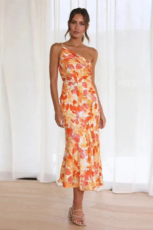 Floral One-Shoulder Midi Dress