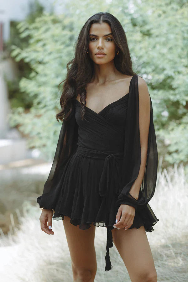 Flowy Chiffon Mini Dress with Draped Sleeves