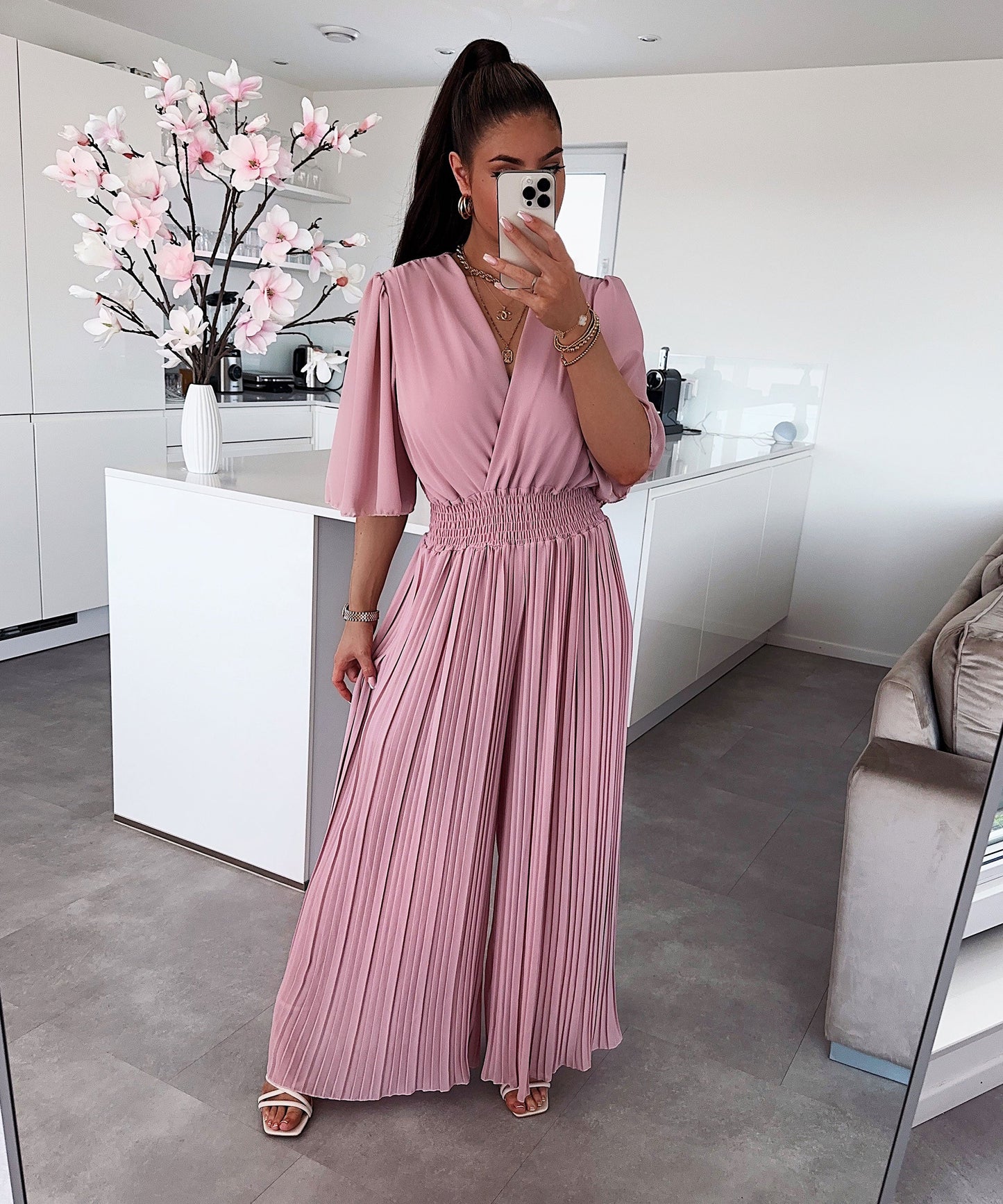 Flowy Long Jumpsuit with Crossover Neckline