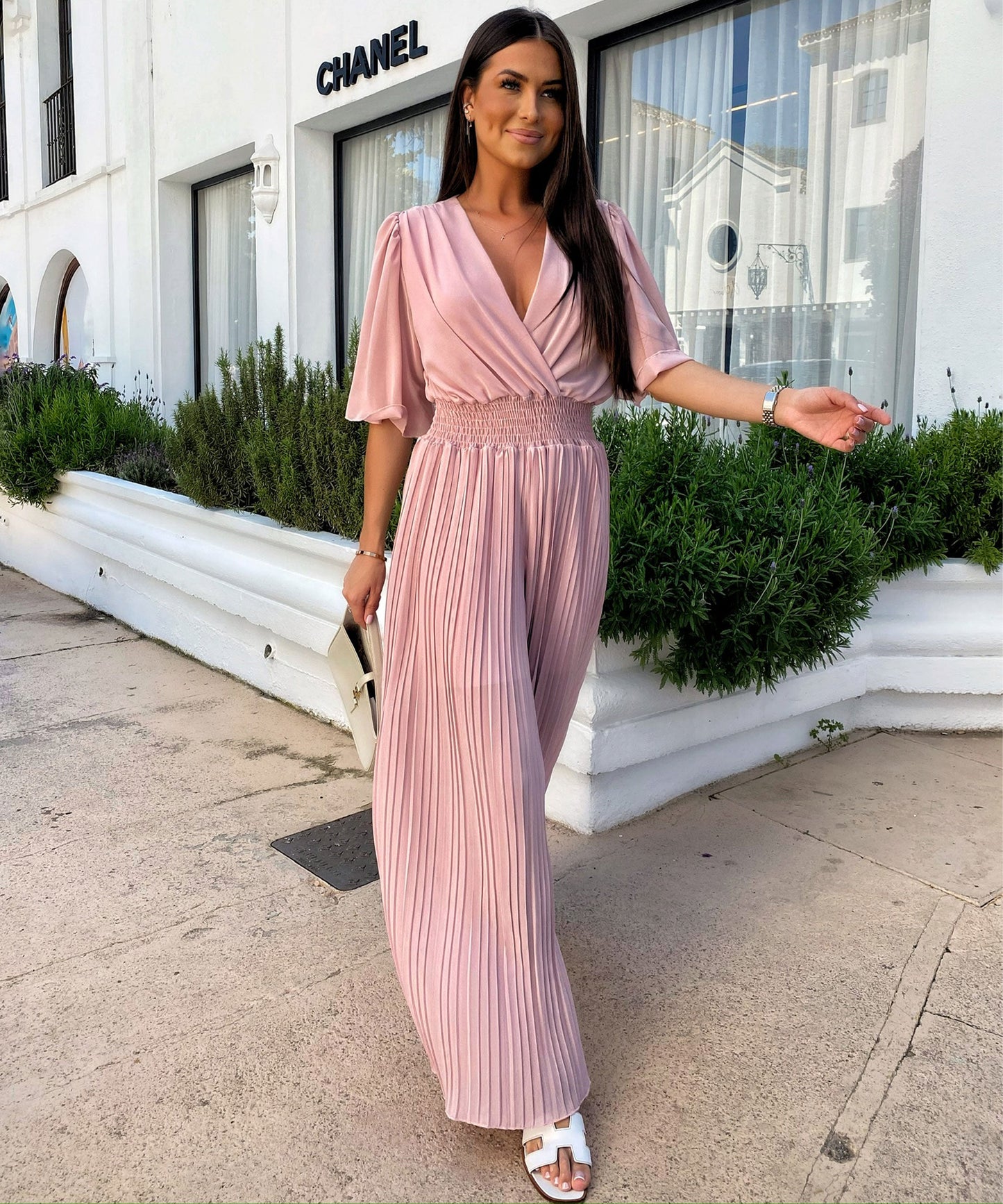 Flowy Long Jumpsuit with Crossover Neckline