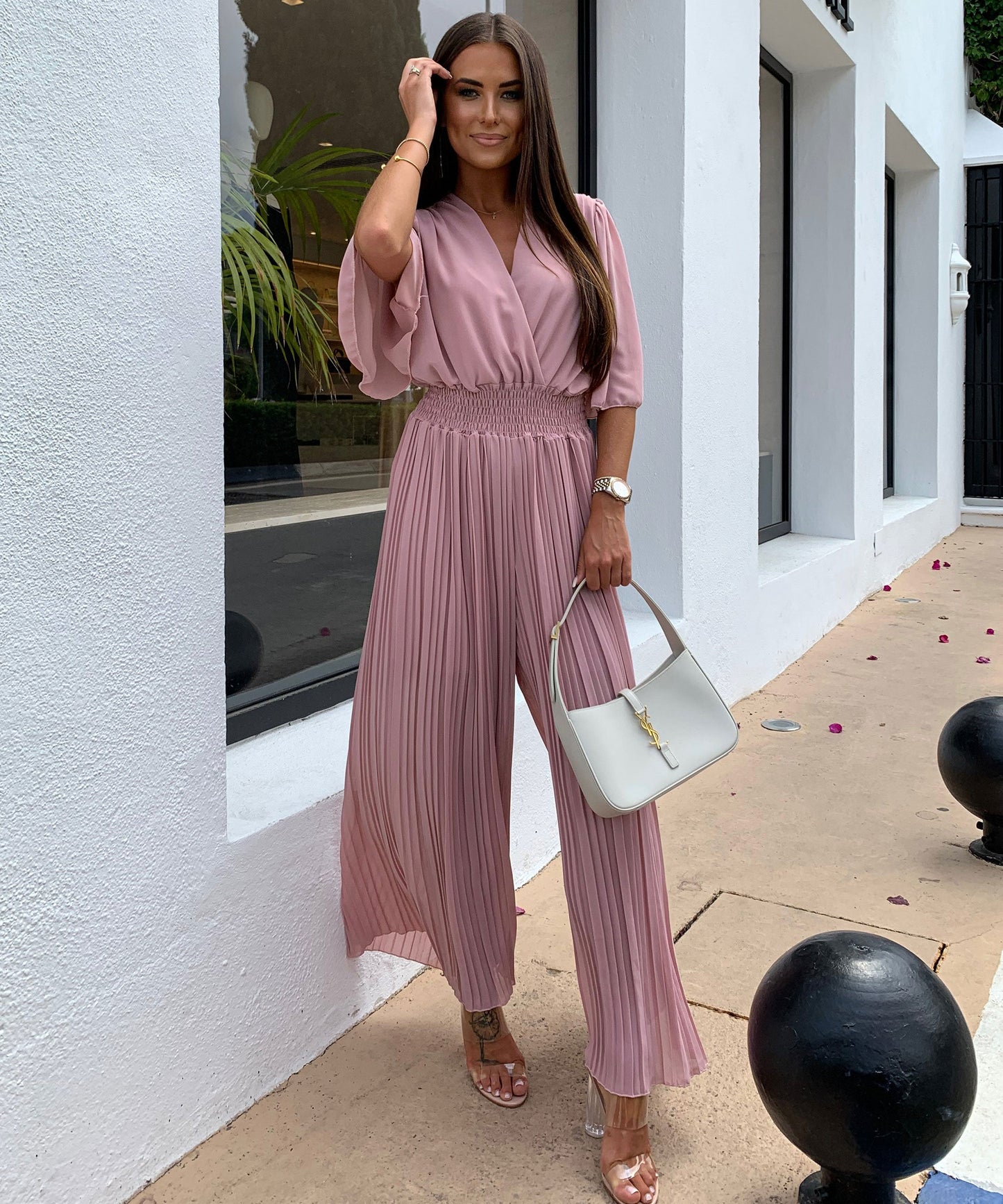 Flowy Long Jumpsuit with Crossover Neckline