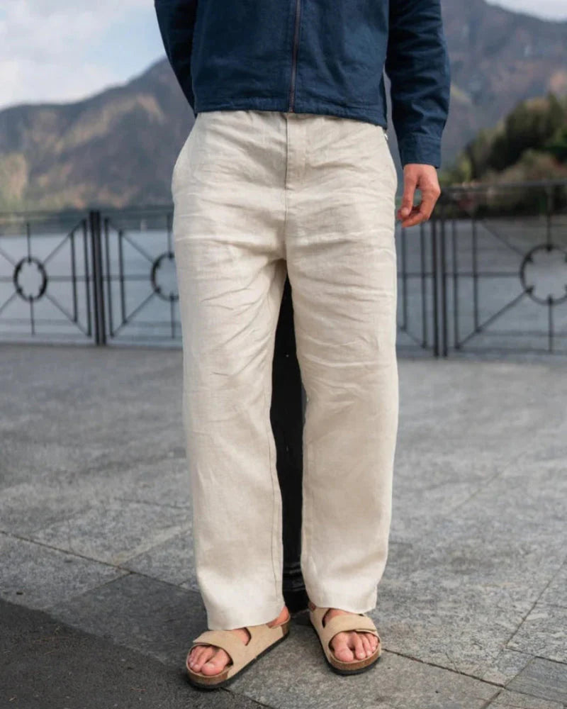 Beige Wide-Leg Linen Pants