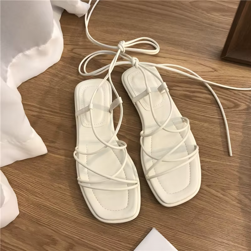 Lace-Up Square Toe Flat Sandals