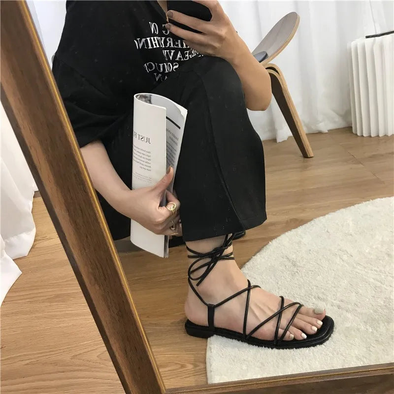 Lace-Up Square Toe Flat Sandals