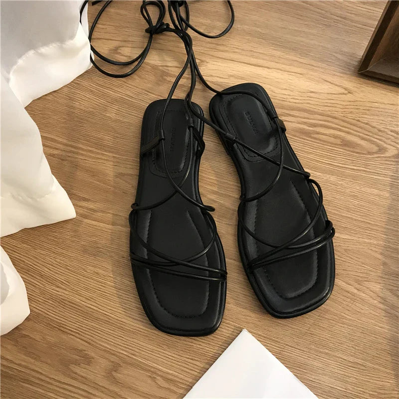 Lace-Up Square Toe Flat Sandals