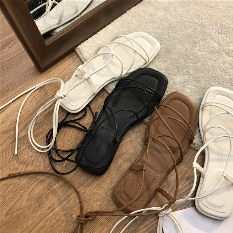 Lace-Up Square Toe Flat Sandals