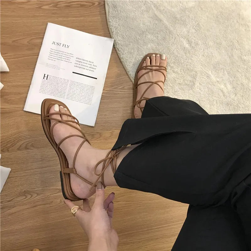 Lace-Up Square Toe Flat Sandals