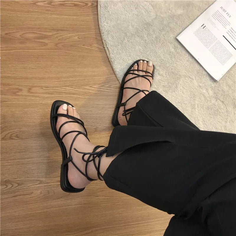 Lace-Up Square Toe Flat Sandals