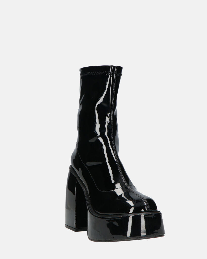 MYA - Platform Ankle Boots With High Heel In Glossy Black