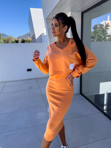 Ribbed Knit Midi Dress and Oversized Sweatshirt Set