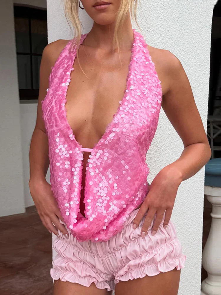 Sequin Drape Halter Top