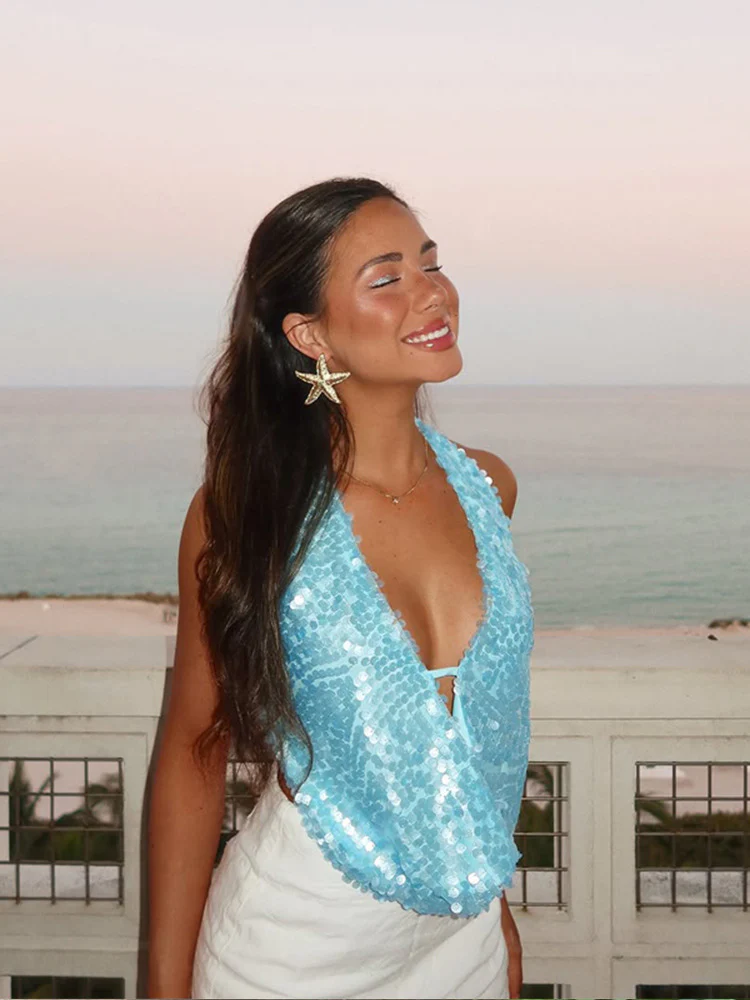 Sequin Drape Halter Top