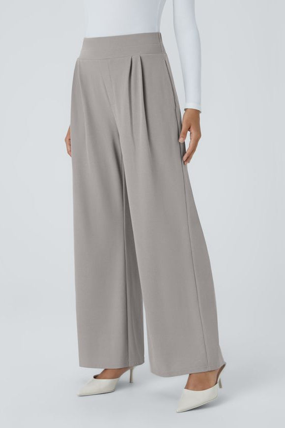 Office Wide Leg Pleated High-Waisted Pants with Side Pockets