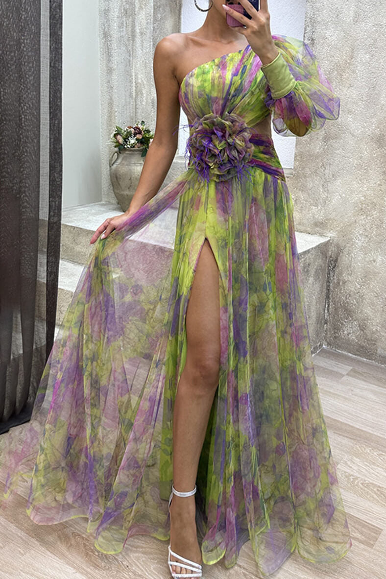 One-Shoulder Floral Tulle Gow