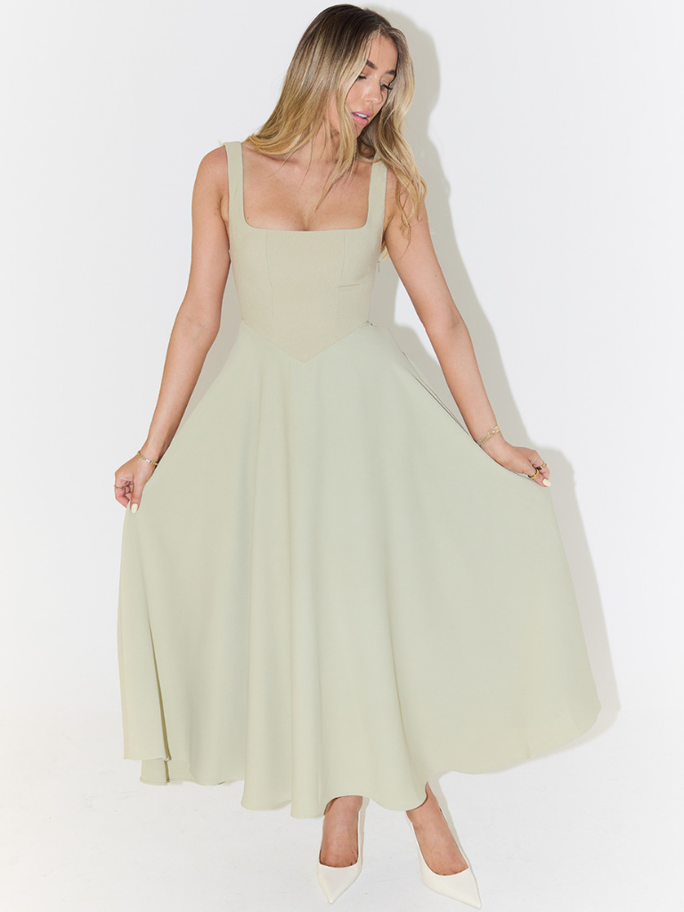 Square-Neck Flared Midi Dress