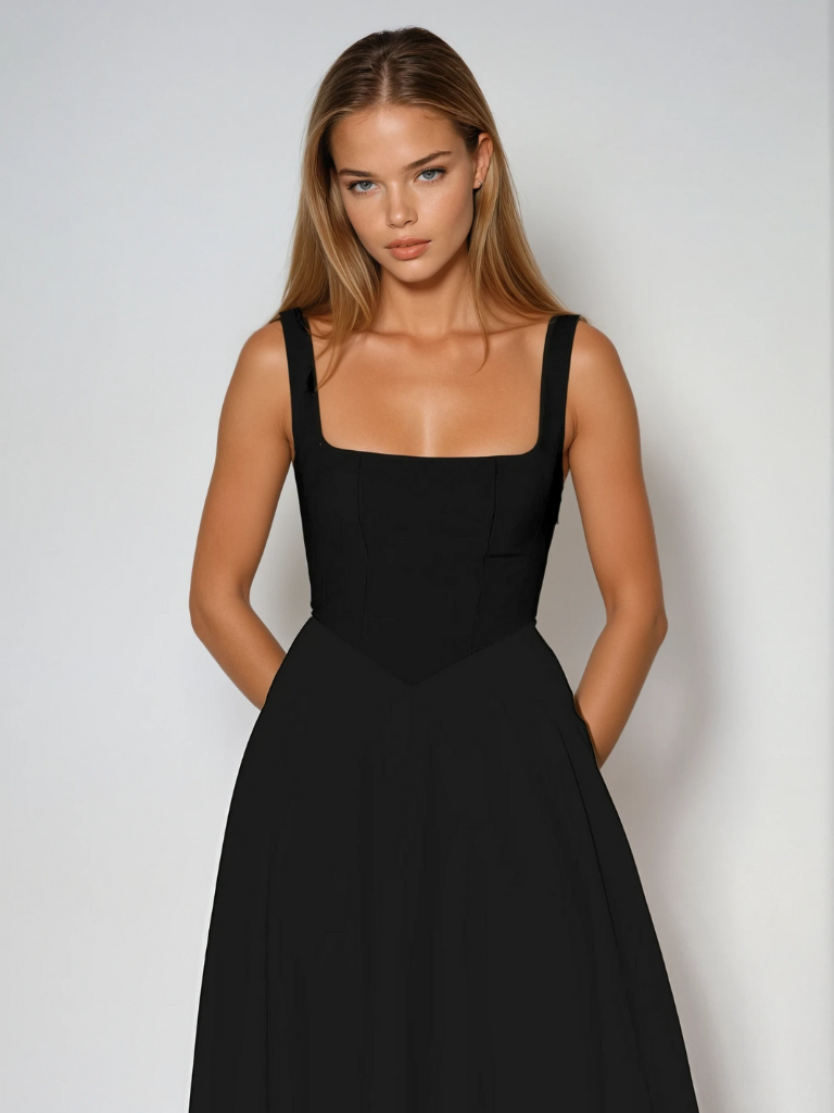 Square-Neck Flared Midi Dress