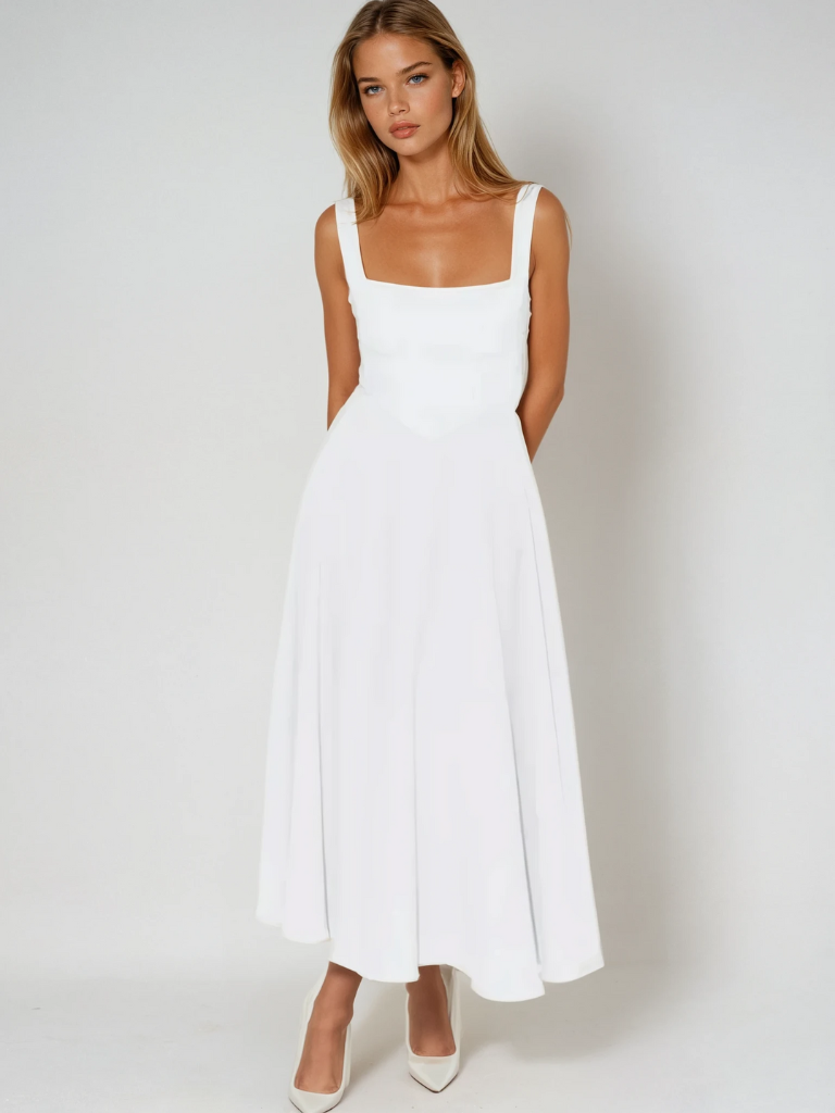 Square-Neck Flared Midi Dress