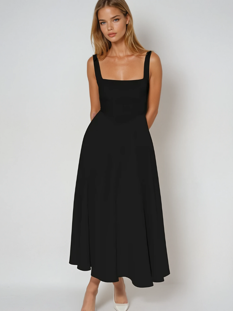 Square-Neck Flared Midi Dress