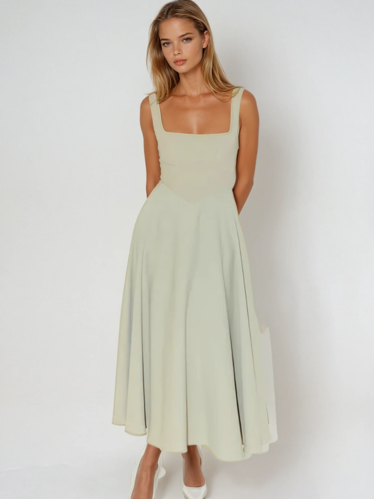 Square-Neck Flared Midi Dress