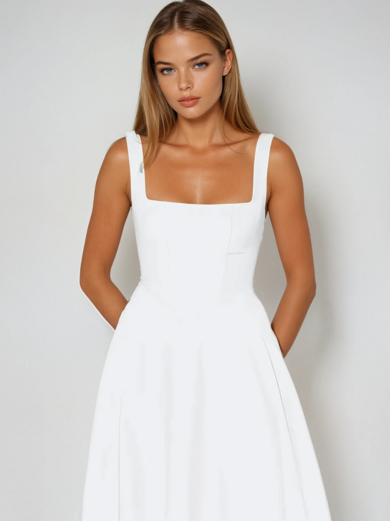 Square-Neck Flared Midi Dress
