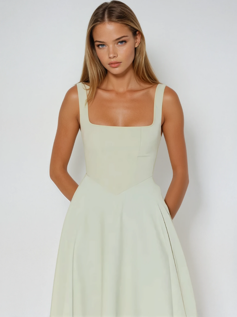 Square-Neck Flared Midi Dress