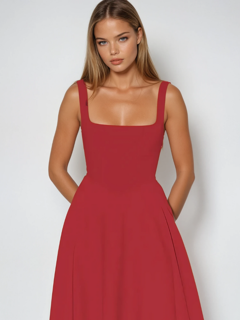 Square-Neck Flared Midi Dress