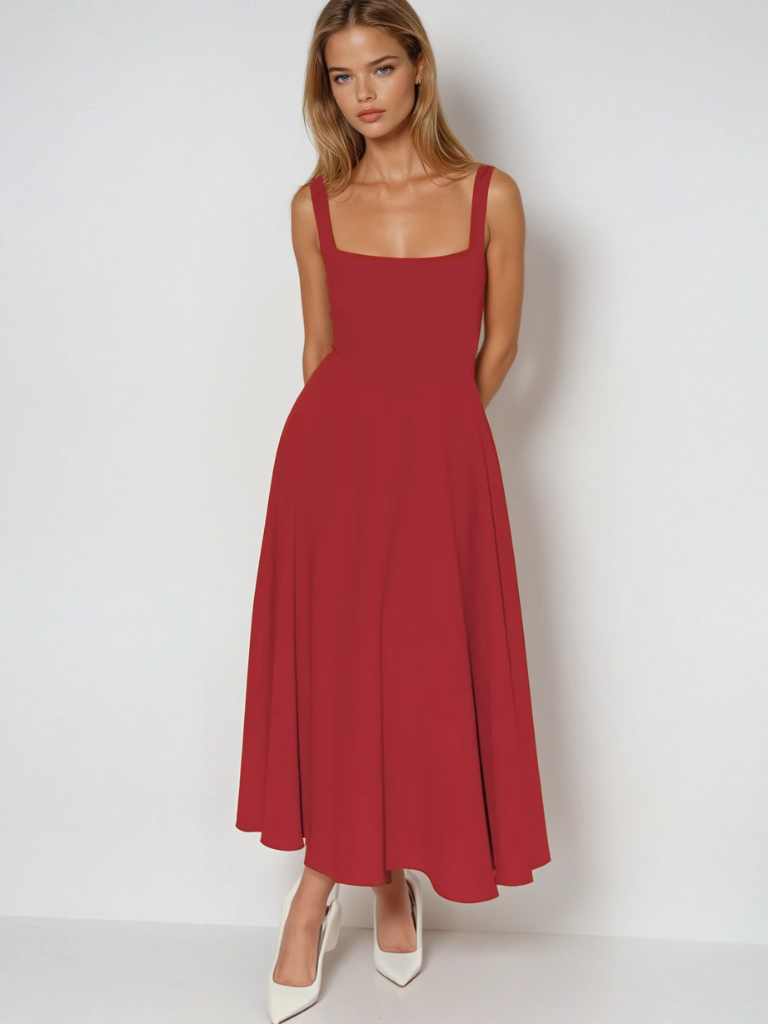 Square-Neck Flared Midi Dress