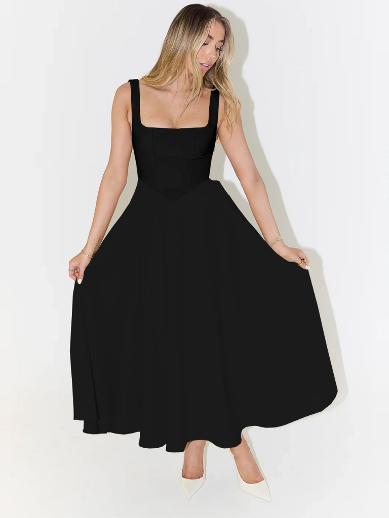 Square-Neck Flared Midi Dress