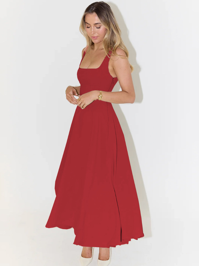 Square-Neck Flared Midi Dress