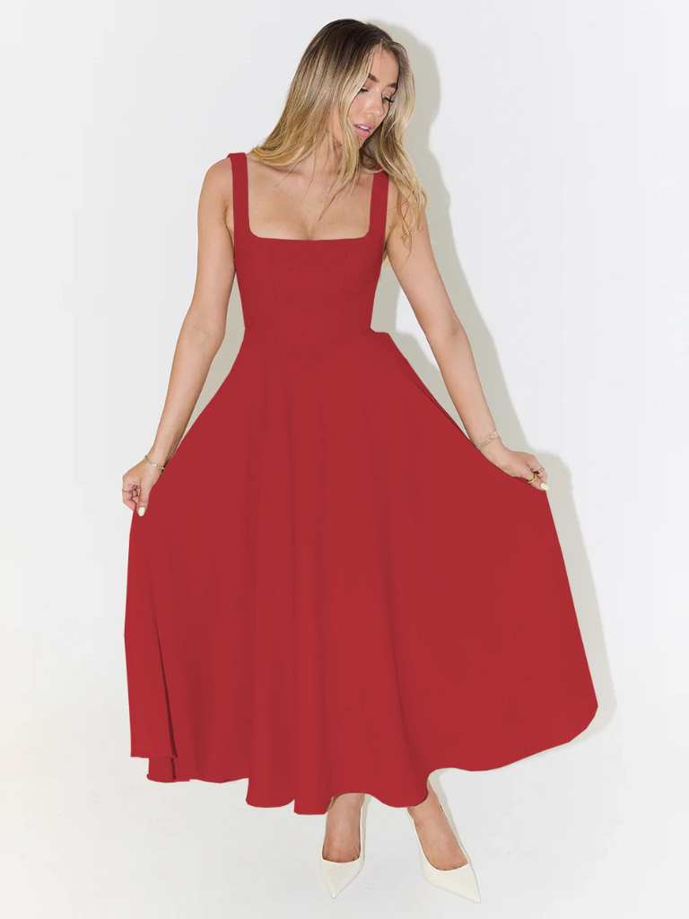 Square-Neck Flared Midi Dress