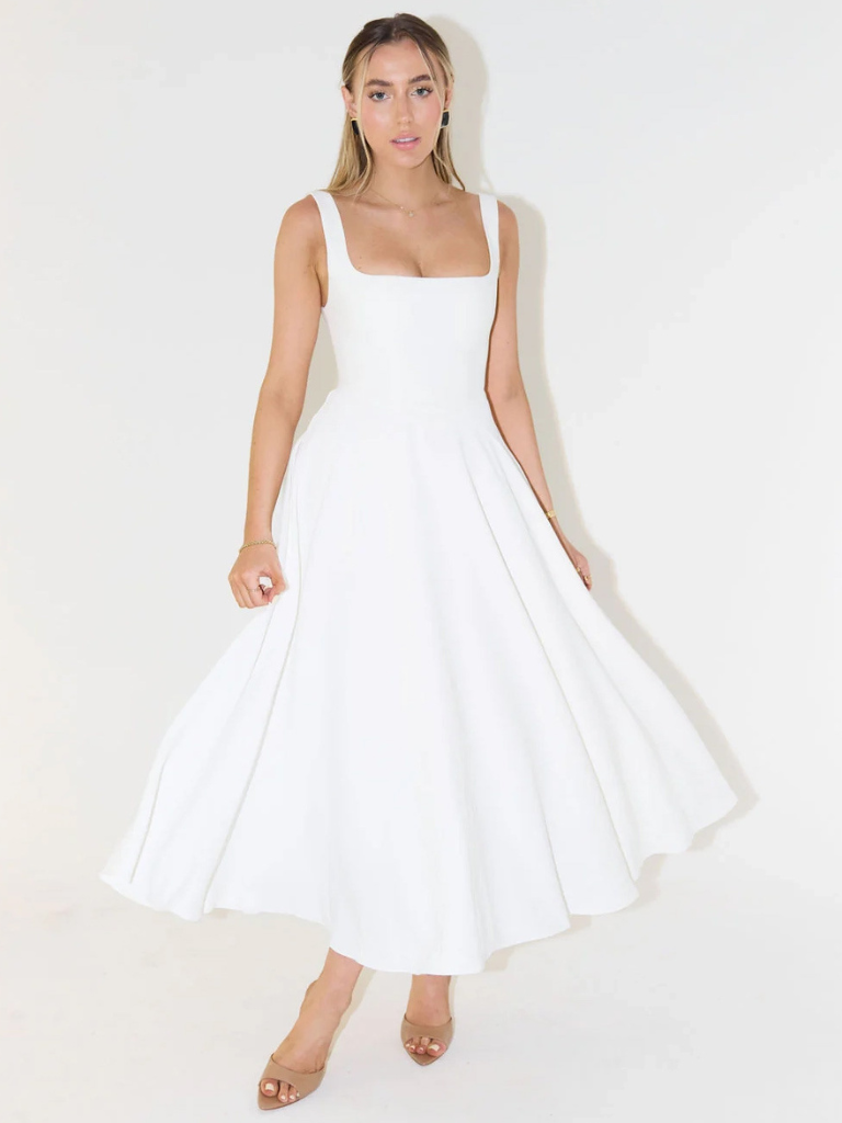 Square-Neck Flared Midi Dress