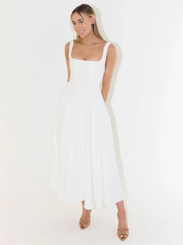 Square-Neck Flared Midi Dress