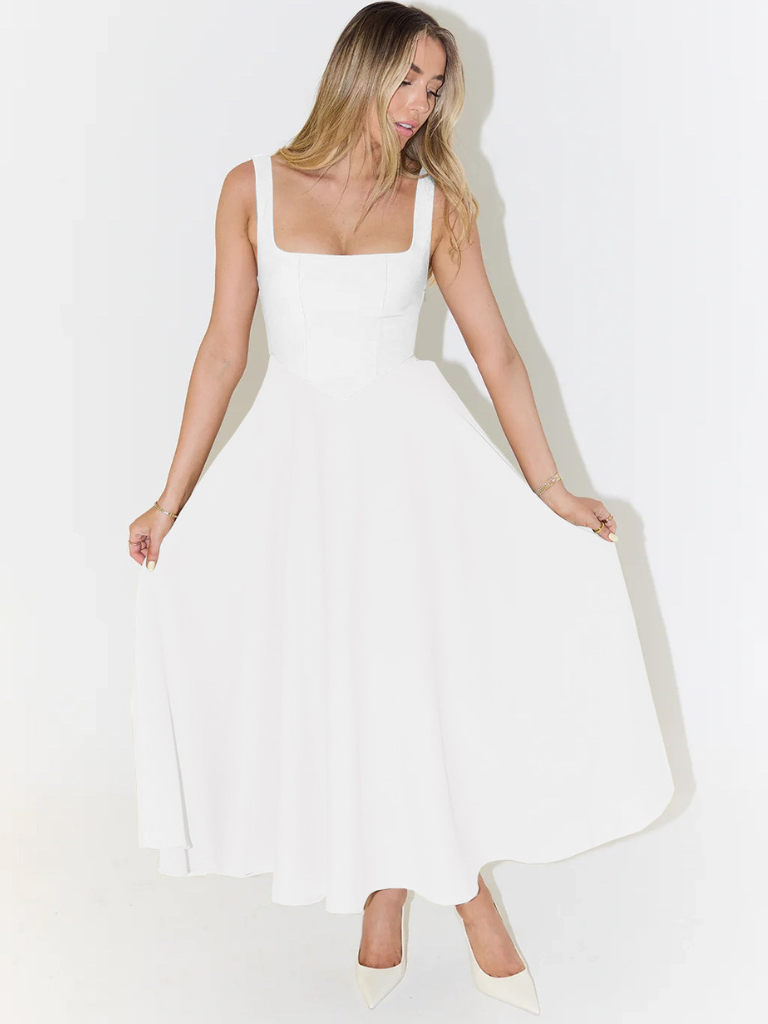 Square-Neck Flared Midi Dress