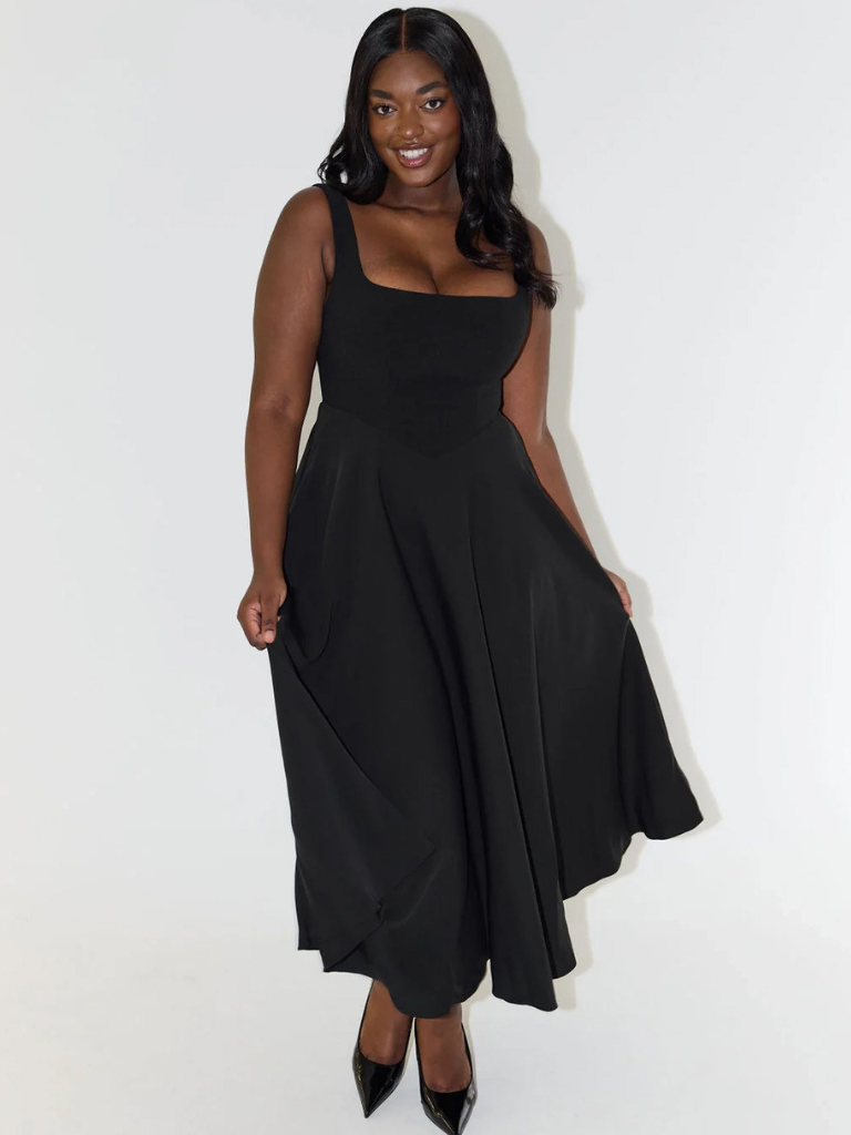 Square-Neck Flared Midi Dress