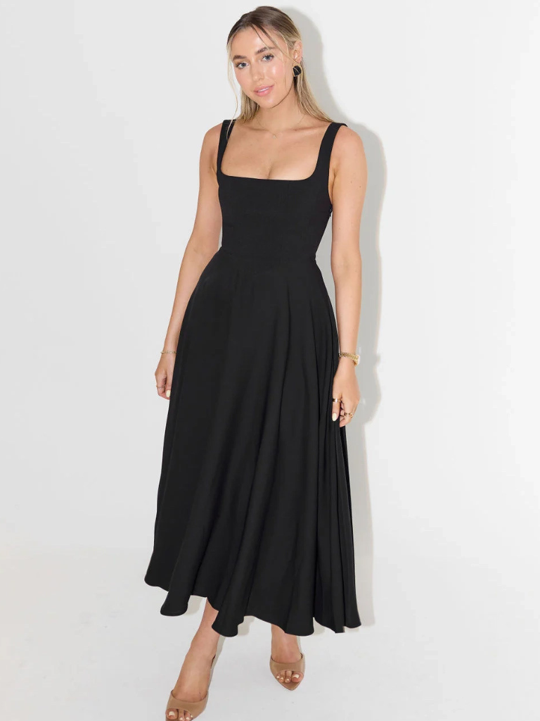 Square-Neck Flared Midi Dress