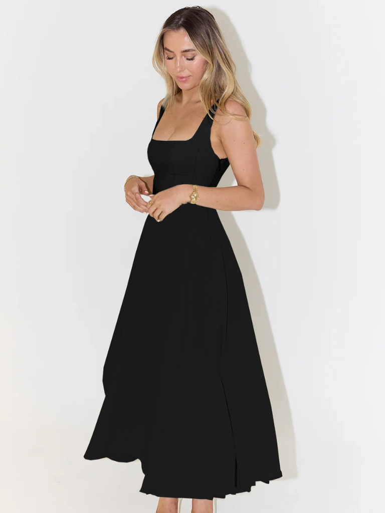 Square-Neck Flared Midi Dress