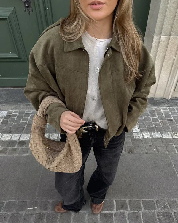 Oversized Faux Suede Bomber Jacket
