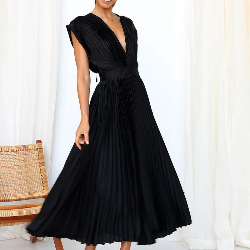 Pleated V-Neck Midi Dress
