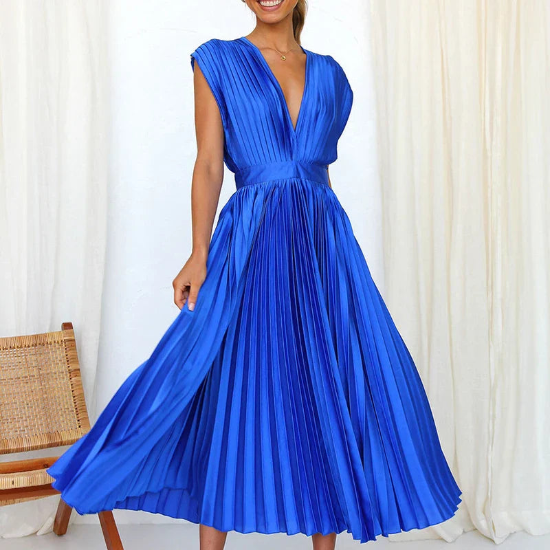Pleated V-Neck Midi Dress