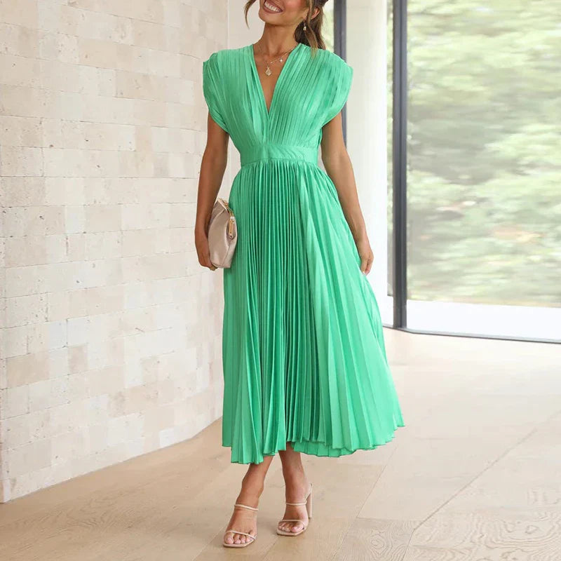 Pleated V-Neck Midi Dress