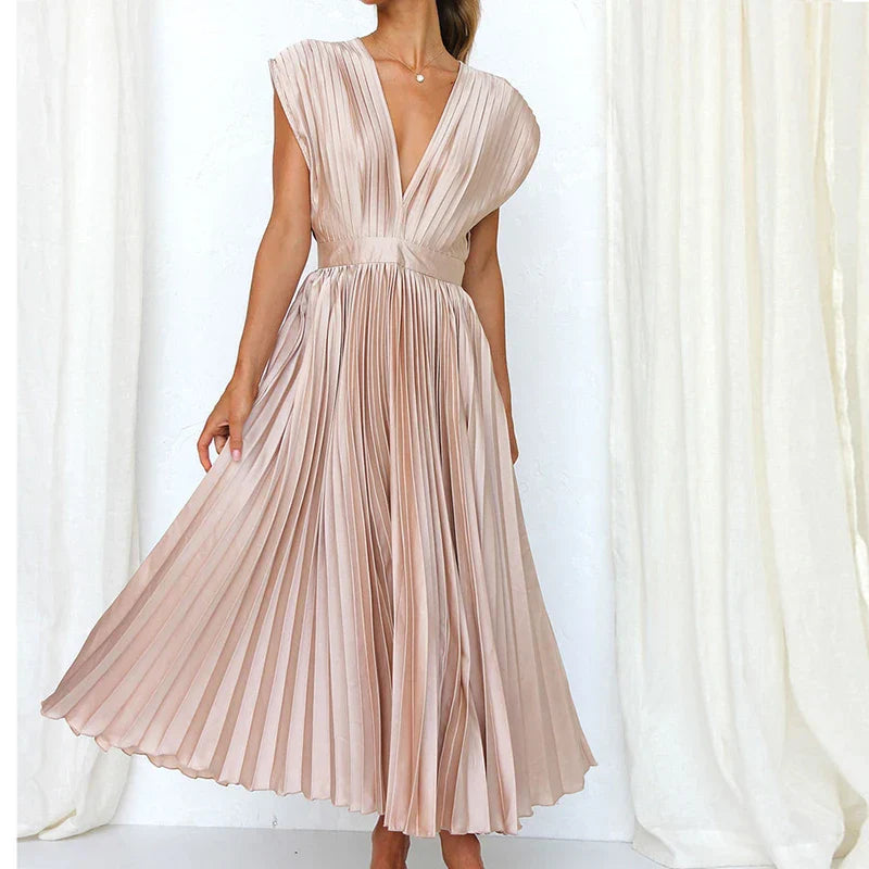 Pleated V-Neck Midi Dress