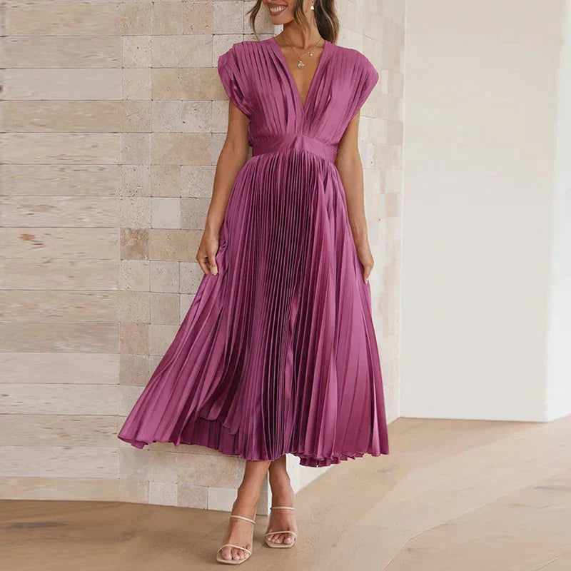 Pleated V-Neck Midi Dress