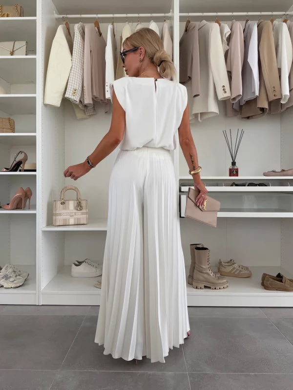 Pleated Wide-Leg Set with Shoulder Pad Top