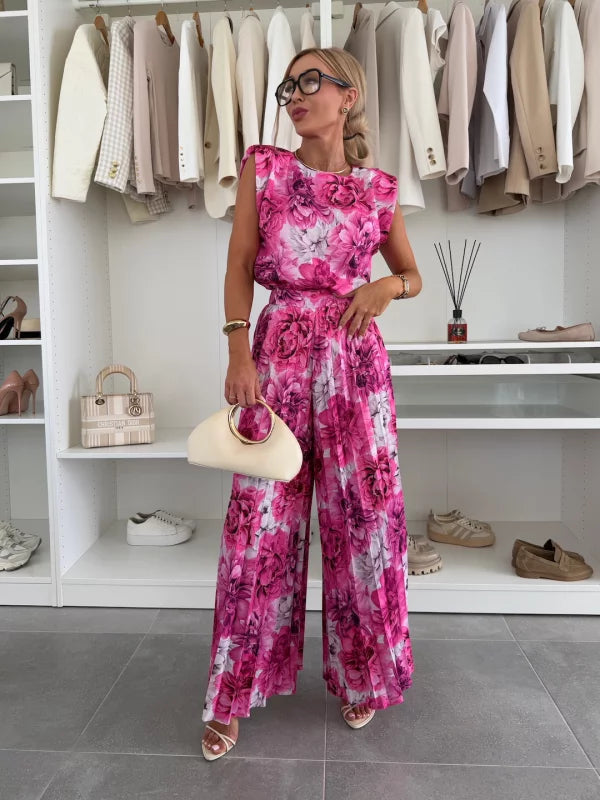 Pleated Wide-Leg Set with Shoulder Pad Top