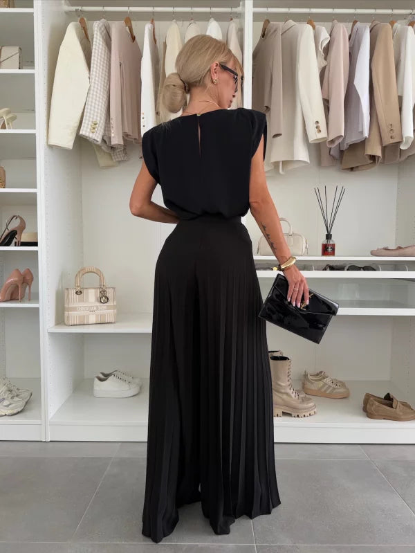 Pleated Wide-Leg Set with Shoulder Pad Top