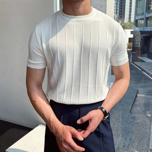 Ribbed Short Sleeve Knit T-Shirt