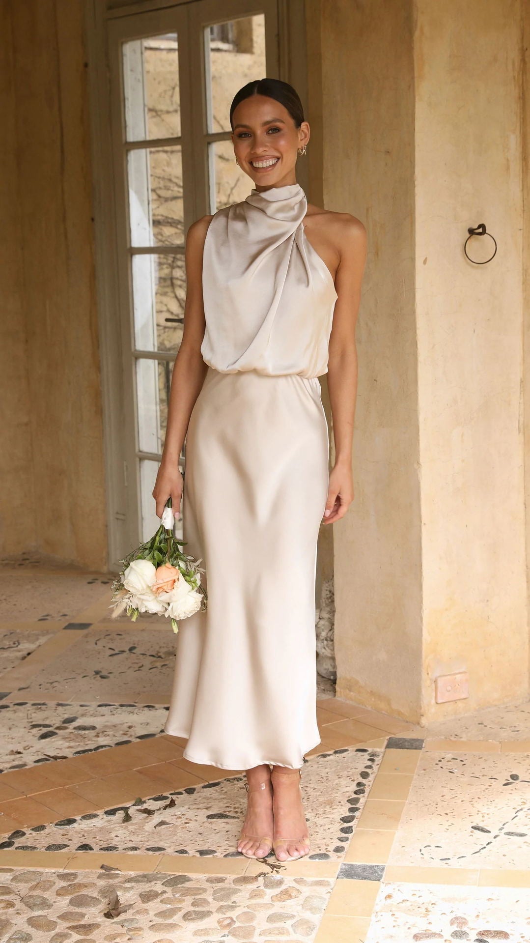 Satin Draped Halter Dress